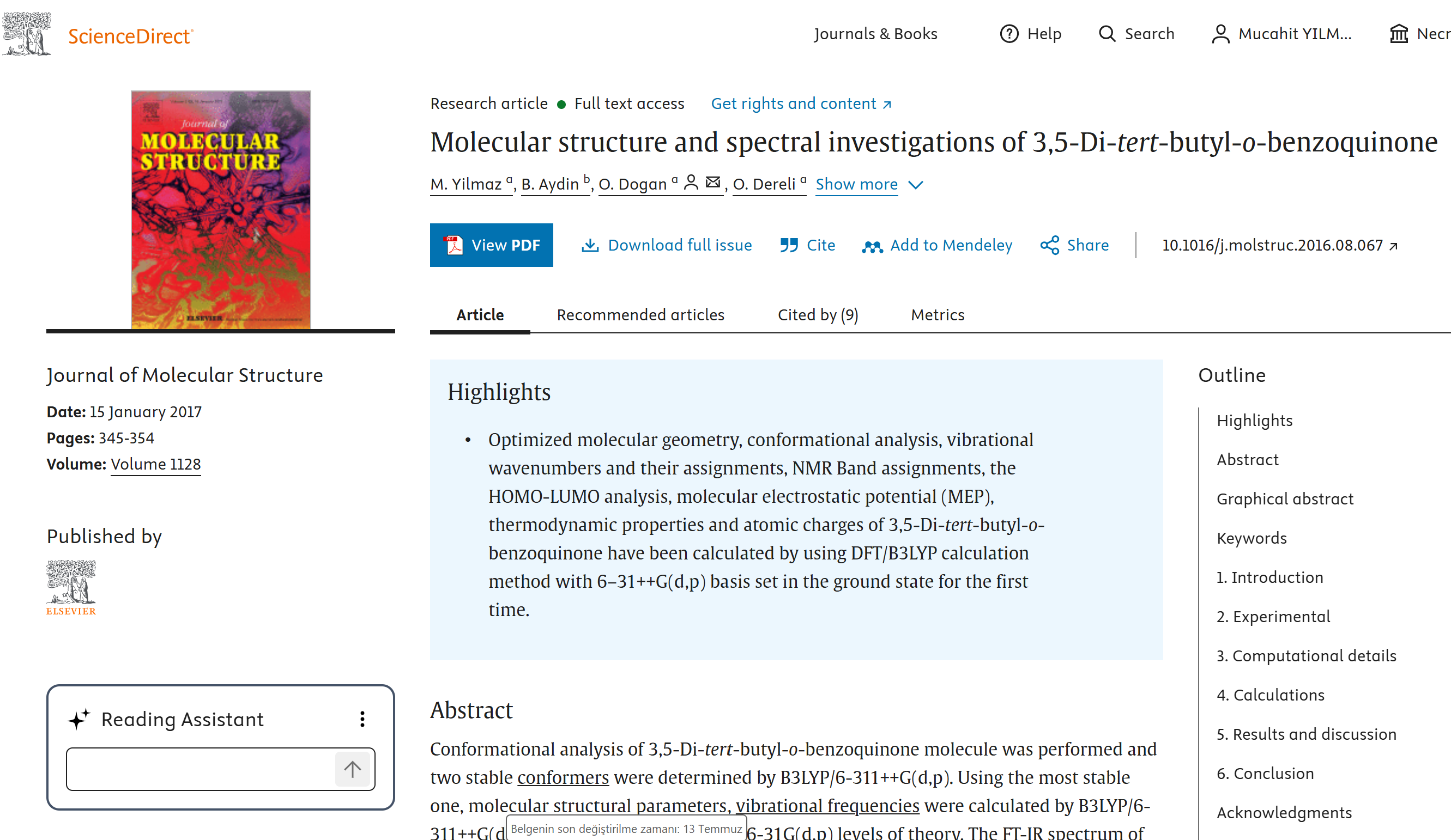 Molecular structure and spectral investigations of 3,5-Di-tert-butyl-o-benzoquinone